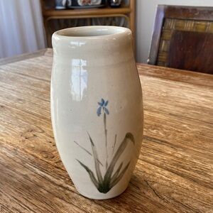 Handmade Cream Ceramic Vase with Blue Floral Design